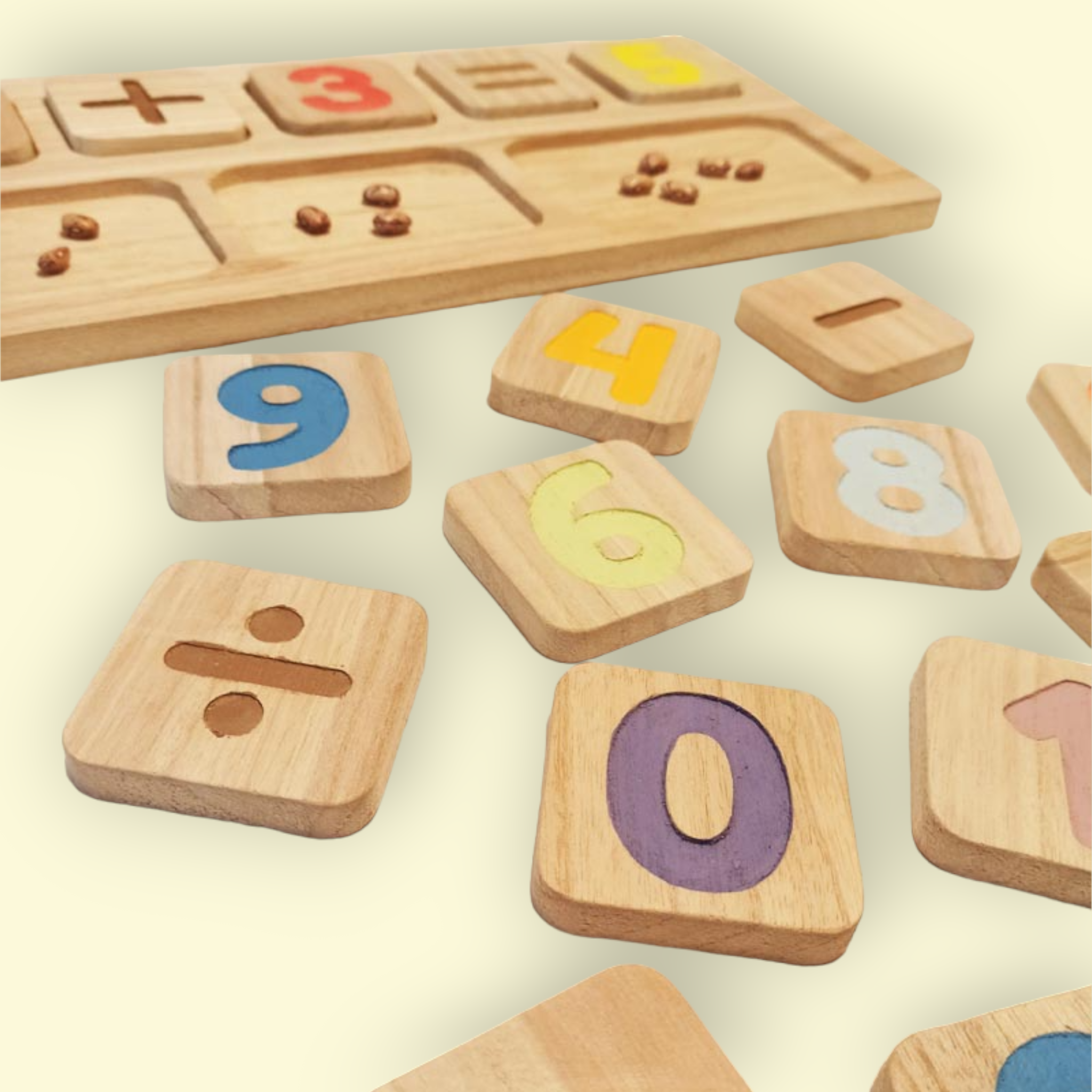 Números de madera matemáticos + bandeja